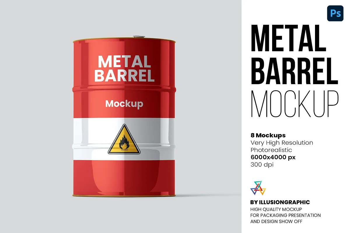 CreativeMarket – Metal Barrel Mockup 8个金属桶样机