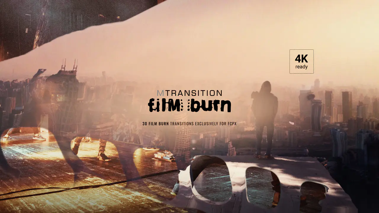 FCPX模板：MotionVFX Film Burn Transitions 30个胶片刻录过渡颗粒效果