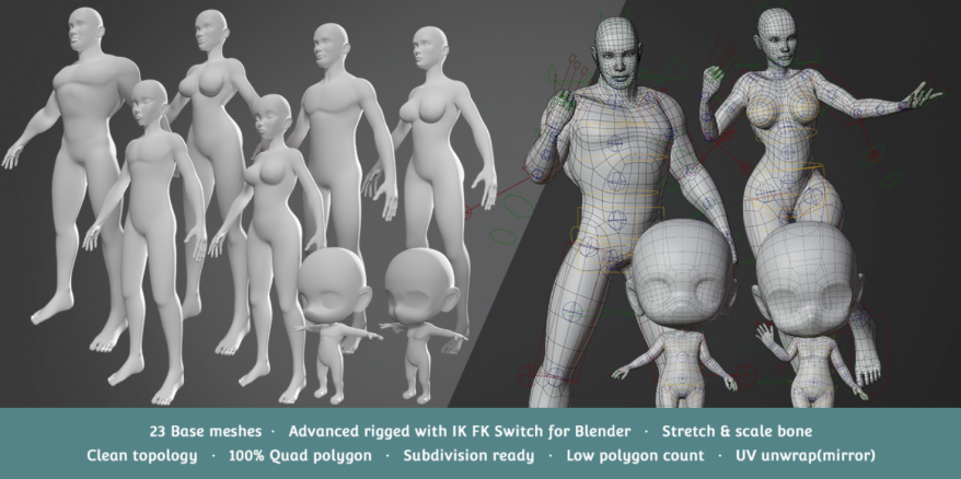 Blender Base Meshes Character Starter Kit + Rig V2.7 基础人物角色模型绑定工具包